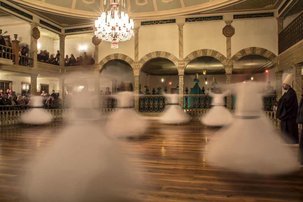 Interior of the Sirkeci Mevlevi Hall venue with bench seating